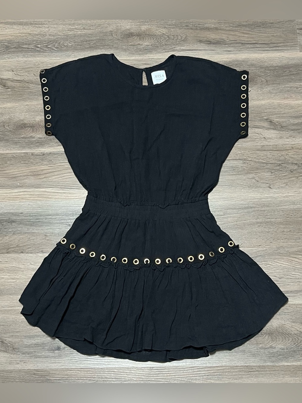 Misa Los Angeles Small Millie Mini Dress Black Gold Grommet Ruffle Cotton USA